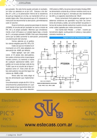 .circuitos
pio pulsador. De esta forma queda activado el oscilador,
sin influir en absoluto en el pin U/D. Gracias a los dio�
dos D1 y D2 y a la polarización interna de la resistencia
de pull-up integrada en el chip, se mantendrá U/D en un
estado lógico alto. Esto provocará que el IC interprete la
instrucción de decrementar la atenuación, permitiéndonos
subir el volumen.
	 Si por el contrario, pulsamos para bajar el volumen
(DOWN), el circuito del pin oscilador se cierra a través de
RX, D2 y el propio pulsador. Mientras que simultánea�
mente, el pin U/D pasa a un estado lógico bajo, a través
de D1 y el propio pulsador DOWN. Esto será interpretado
como que se debe aumentar la atenuación, provocando
una disminución del volumen.
	 Vemos además en el gráfico,
los valores elegidos para RS, RX y CX.
	 Cada vez que se inicialice la al�
imentación en el CI, éste adoptará una
atenuación de -40dB, por defecto.
	 Cabe agregar, que por cada
canal, el CI posee dos atenuadores,
los cuales uniremos entre sí para lograr
nuestro control y lo haremos a través
de cualquier operacional doble, com�
patible con la serie de bajo ruido de los
TL082, que en el circuito de la figura 1
aparece como U1. Esta unión de am�
bos atenuadores nos permite lograr los
valores de -68dB a 0dB.
	 Ahora sólo nos resta elegir el
tipo de alimentación que implementar�
emos.
Una alimentación simple de 9V ó 12V la
encontraremos prácticamente en cual�
quier equipo al que queramos dotar con
nuestro proyecto. Con esta elección,
VSS estará a GND y los pines denominados Analog-GND,
se alimentarán a través de un divisor resistivo como se ve
en el circuito de la figura 2, formado por dos resistencias
de 22K y un capacitor electrolítico de 100uF.
	 Como comentario final podemos agregar que no
debemos olvidarnos de apantallar muy bien las conex�
iones de entrada y salida, así como también las partes in�
ternas de la placa donde realicemos nuestro circuito, para
evitar ruidos captados por malas conexiones.
	 Una fuente bien filtrada … y listo! , nuestro po�
tenciómetro digital, sustituyendo el ruidoso y viejo poten�
ciómetro mecánico.
Diagrama completo del Potenciómetro Digital
//página 0x27
 