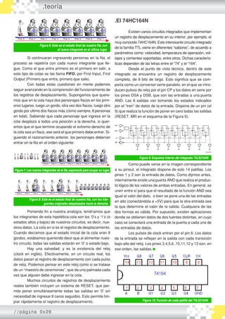 Si continuaran ingresando personas en la fila, el
proceso se repetiría con cada nuevo integrante que lle�
gue. Como el que entra primero es el primero en salir, a
este tipo de colas se las llama FIFO, por First Input, First
Output (Primero que entra, primero que sale).
	 Con todas estas cuestiones en mente podemos
seguir avanzando en la comprensión del funcionamiento de
los registros de desplazamiento. Supongamos que quere�
mos que en la cola haya dos personajes flacos en los prim�
eros lugares, luego un gordo, otra vez dos flacos, luego otro
gordo por ultimo dos flacos más (como siempre, 8 personas
en total). Sabiendo que cada personaje que ingresa en la
cola desplaza a todos una posición a la derecha, si quer�
emos que el que termine ocupando el extremo derecho de
la cola sea un flaco, ese será el que primero debe entrar. Si�
guiendo el razonamiento anterior, los personajes deberían
entrar en la fila en el orden siguiente:
	
	 Poniendo fin a nuestra analogía, tendríamos que
los integrantes de esta hipotética cola son los ‘0’s y ‘1’s (o
estados altos y bajos) de nuestros circuitos, es decir, nue�
stros datos. La cola en si es el registro de desplazamiento.
Cuando decíamos que el estado inicial de la cola eran 8
gordos, estábamos queriendo decir que al alimentar nues�
tro circuito, todas las salidas estarán en ‘0’ o estado bajo.
	 Hay una salvedad, y es la existencia del reloj
(clock en inglés). Efectivamente, en un circuito real, los
datos pasan al registro de desplazamiento con cada pulso
de reloj. Podemos pensar en este reloj como si se tratase
de un “maestro de ceremonias”, que da una palmada cada
vez que alguien debe ingresar en la cola.
	 Muchos circuitos de registros de desplazamiento
reales también incluyen un sistema de RESET, que per�
mite poner simultáneamente todas las salidas en ‘0’ sin
necesidad de ingresar 8 ceros seguidos. Esto permite lim�
piar rápidamente el registro de desplazamiento.
Figura 6: Este es el estado final de nuestra fila, con
el nuevo integrante en el último lugar.
Figura 7:Los nuevos integrantes de la fila,esperando para ocupar su lugar.
Figura 8: Este es el estado final de nuestra fila, con los inte-
grantes originales desplazados hacia la derecha.
.El 74HC164N
	
	 Existen varios circuitos integrados que implementan
un registro de desplazamiento en su interior, por ejemplo, el
muy conocido 74HC164N. Este interesante circuito integrado
de la familia TTL viene en diferentes “sabores”, de acuerdo a
parámetros como: velocidad, temperatura de operación, vol�
tajes y corrientes soportadas, entre otros. Dichas caracterís�
ticas dependen de las letras entre el “74” y el “164”.
	 Desde el punto de vista técnico, dentro de este
integrado se encuentra un registro de desplazamiento
completo, de 8 bits de largo. Esto significa que se com�
porta como un conversor serie-paralelo, en el que se intro�
ducen pulsos de reloj por el pin CP y los datos en serie por
los pines DSA y DSB, que son las entradas a una puerta
AND. Las 8 salidas van tomando los estados indicados
por el “tren” de datos de la entrada. Dispone de un pin (el
9) que realiza la función de poner en cero todas las salidas
(RESET, MR en el esquema de la Figura 9).
	 Como puede verse en la imagen correspondiente
a su pinout, el integrado dispone de solo 14 patillas. Los
pines 1 y 2 son la entrada de datos. Como dijimos antes,
internamente existe una puerta AND que realiza el produc�
to lógico de los valores de ambas entradas. En general, se
unen entre sí para que el resultado de la función AND sea
igual al valor del dato, o bien se pone una de las entradas
en alto (conectándola a +5V) para que la otra entrada sea
la que determine el valor de la salida. Cualquiera de las
dos formas es válida. Por supuesto, existen aplicaciones
donde se obtienen datos de dos fuentes distintas, en cuyo
caso se conectará una entrada de la puerta a cada una de
las entradas de datos.
	 Los pulsos de clock entran por el pin 8. Los datos
de la entrada se reflejan en la salida con cada transición
bajo-alto del reloj. Los pines 3,4,5,6 ,10,11,12 y 13 son, en
ese orden, las salidas.
Figura 9: Esquema interno del integrado 74LS2164N
Figura 10: Función de cada patilla del 74LS2164N
.teoría
//página 0x29
 