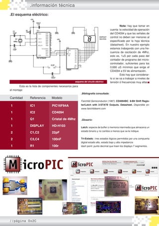 .El esquema eléctrico:
	 Esta es la lista de componentes necesarios para
el montaje:
esquema del circuito eléctrico
	 Nota: hay que tomar en
cuenta la velocidad de operación
del CD4094 y que las señales de
control no deben ser menores al
especificado por la hoja técnica
(datasheet). En nuestro ejemplo
estamos trabajando con una fre�
cuencia de oscilación de 4Mhz,
esto es, 1uS por cada paso del
contador de programa del micro�
controlador, suficientes para los
0,666 uS mínimos que exige el
CD4094 a 5V de alimentación.
	 Esto hay que considerar�
lo si se va a trabajar a niveles de
tensión ó frecuencias muy altas.
.Bibliografía consultada:
Fairchild Semiconductor (1987). CD4094BC 8-Bit Shift Regis-
ter/Latch with 3-STATE Outputs. Datasheet. Disponible en:
www.fairchildsemi.com
.Glosario:
Latch: especie de buffer o memoria intermedia que almacena un
estado binario y no cambia a menos que se le indique.
Tri-Estado : tres estados lógicos permitidos por una compuerta
digital estado alto, estado bajo y alta impedancia
dash point: punto decimal que traen los displays 7 segmentos.
Cantidad	 Referencia Modelo
1		 IC1 		 PIC16F84A
1		 IC2		 CD4094
1		 Q1		 Cristal de 4Mhz
1		 DISPLAY	 HD-H103
2		 C1,C2		 22pF
2		 C3,C4		 100nF
1		 R1		 100r
.información técnica
//página 0x2C
 