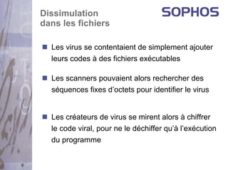 Dissimulation
dans les fichiers

  Les virus se contentaient de simplement ajouter
  leurs codes à des fichiers exécutables

  Les scanners pouvaient alors rechercher des
  séquences fixes d’octets pour identifier le virus


  Les créateurs de virus se mirent alors à chiffrer
  le code viral, pour ne le déchiffer qu’à l’exécution
  du programme
 