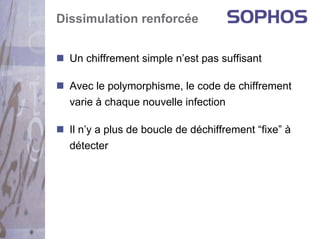 Dissimulation renforcée


  Un chiffrement simple n’est pas suffisant

  Avec le polymorphisme, le code de chiffrement
  varie à chaque nouvelle infection

  Il n’y a plus de boucle de déchiffrement “fixe” à
  détecter
 