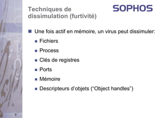Techniques de
dissimulation (furtivité)

  Une fois actif en mémoire, un virus peut dissimuler:
    Fichiers
    Process
    Clés de registres
    Ports
    Mémoire
    Descripteurs d’objets (“Object handles”)
 