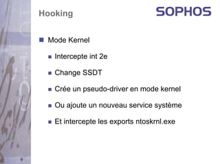 Hooking


 Mode Kernel

   Intercepte int 2e

   Change SSDT

   Crée un pseudo-driver en mode kernel

   Ou ajoute un nouveau service système

   Et intercepte les exports ntoskrnl.exe
 