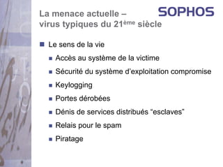 La menace actuelle –
virus typiques du 21ème siècle

  Le sens de la vie
    Accès au système de la victime
    Sécurité du système d’exploitation compromise
    Keylogging
    Portes dérobées
    Dénis de services distribués “esclaves”
    Relais pour le spam
    Piratage
 