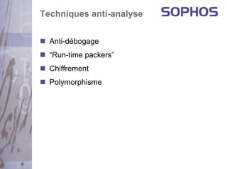 Techniques anti-analyse


  Anti-débogage
  “Run-time packers”
  Chiffrement
  Polymorphisme
 