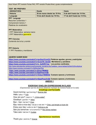 Aula Virtual: PPT revisión Fichas PAC, PPT revisión Prueba Nivel y guías complementarias.
TEST ME PREPARO
ASIGNATURA Desde Hasta
Historia 30 de marzo desde las 19 Hrs. 6 de abril hasta las 14 Hrs.
Lenguaje 10 de abril desde las 19 Hrs. 17 de abril hasta las 14 Hrs.
PPT Lenguaje
Resumen contenidos 1
Comprensión lectora 1
Palabras de vocabulario
PPT Matemática
1 PPT Matemática semana marzo
1 PPT Matemática geometría
PPT Ciencias
Contenido de la luz y sonido
PPT Historia
1° PPT Paralelos y meridianos
¡QUIERO SABER MÁS!
https://www.youtube.com/watch?v=pvGqv51nmCU Palabras agudas, graves y esdrújulas
https://www.youtube.com/watch?v=2rJwYN_SmOU Meridianos y paralelos
https://www.youtube.com/watch?v=c_Ac9VR11qc Los puntos cardinales
http://www.educalandia.net/alumnos/busqueda_tematica.php?palabra_clave=tablas%20de%20multiplicar
https://www.youtube.com/watch?v=SKRecNeYRxI
https://www.youtube.com/watch?v=G3xyrYMtM3Q Cuerpos opacos y luminosos
https://www.youtube.com/watch?v=DgwPnsyVvQk Cuerpos opacos y luminosos
ANEXO 1
EVERYDAY ENGLISH EXPRESSIONS IN CLASS
(Expresiones que los alumnos deberían manejar de manera fluida en la sala)
Greetings and farewells
Good morning / gud morning /= Buenos días
Hello / jelou / = hola
How are you? / jauar iu / = ¿Cómo estás?
Goodbye / gud bai / = Adíos
Bye – bye / bai bai /= Chao
Bye, have a nice day / bai jav a nais dei / = Chao, que tengas un buen día
Enjoy your day / enlloi ior dei /= Disfruta tu día
See you tomorrow / sii iu tumorrou /= Nos vemos mañana
Take care / teik ker /= Cuídate
Spontaneous reactions
Thank you / zenk kiu /= Gracias
 