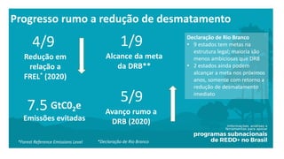 Progresso rumo a redução de desmatamento
Declaração de Rio Branco
• 9 estados tem metas na
estrutura legal; maioria são
me...