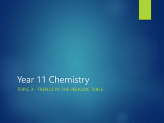 Year 11 Chemistry
TOPIC 3 - TRENDS IN THE PERIODIC TABLE
 
