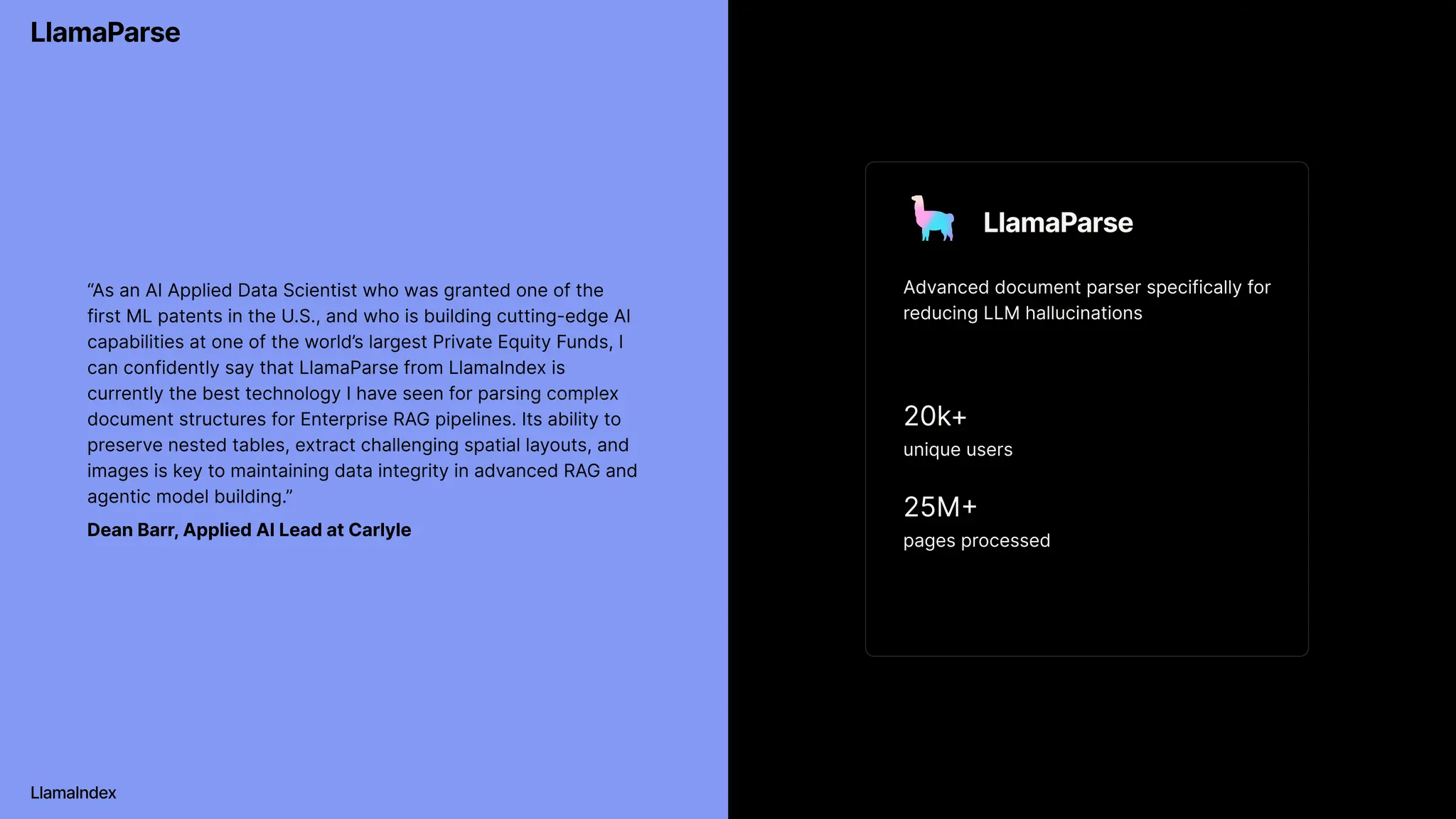LlamaParse
“As an AI Applied Data Scientist who was granted one of the
first ML patents in the U.S., and who is building cutting-edge AI
capabilities at one of the world’s largest Private Equity Funds, I
can confidently say that LlamaParse from LlamaIndex is
currently the best technology I have seen for parsing complex
document structures for Enterprise RAG pipelines. Its ability to
preserve nested tables, extract challenging spatial layouts, and
images is key to maintaining data integrity in advanced RAG and
agentic model building.”
Dean Barr, Applied AI Lead at Carlyle
LlamaParse

LlamaIndex
Advanced document parser specifically for
reducing LLM hallucinations
20k+
unique users
25M+
pages processed
 