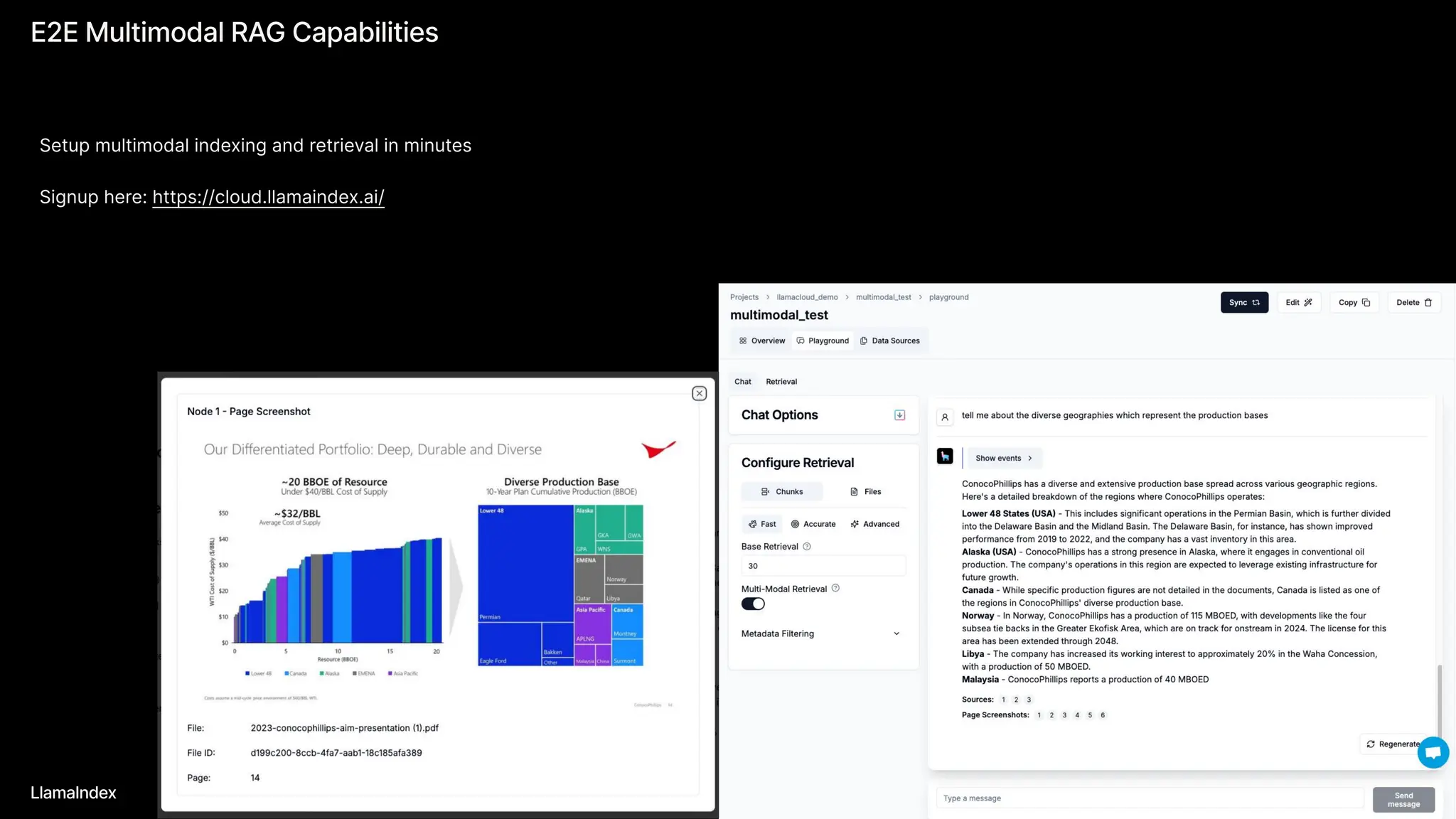 E2E Multimodal RAG Capabilities
LlamaIndex
Setup multimodal indexing and retrieval in minutes


Signup here: https://cloud.llamaindex.ai/
 