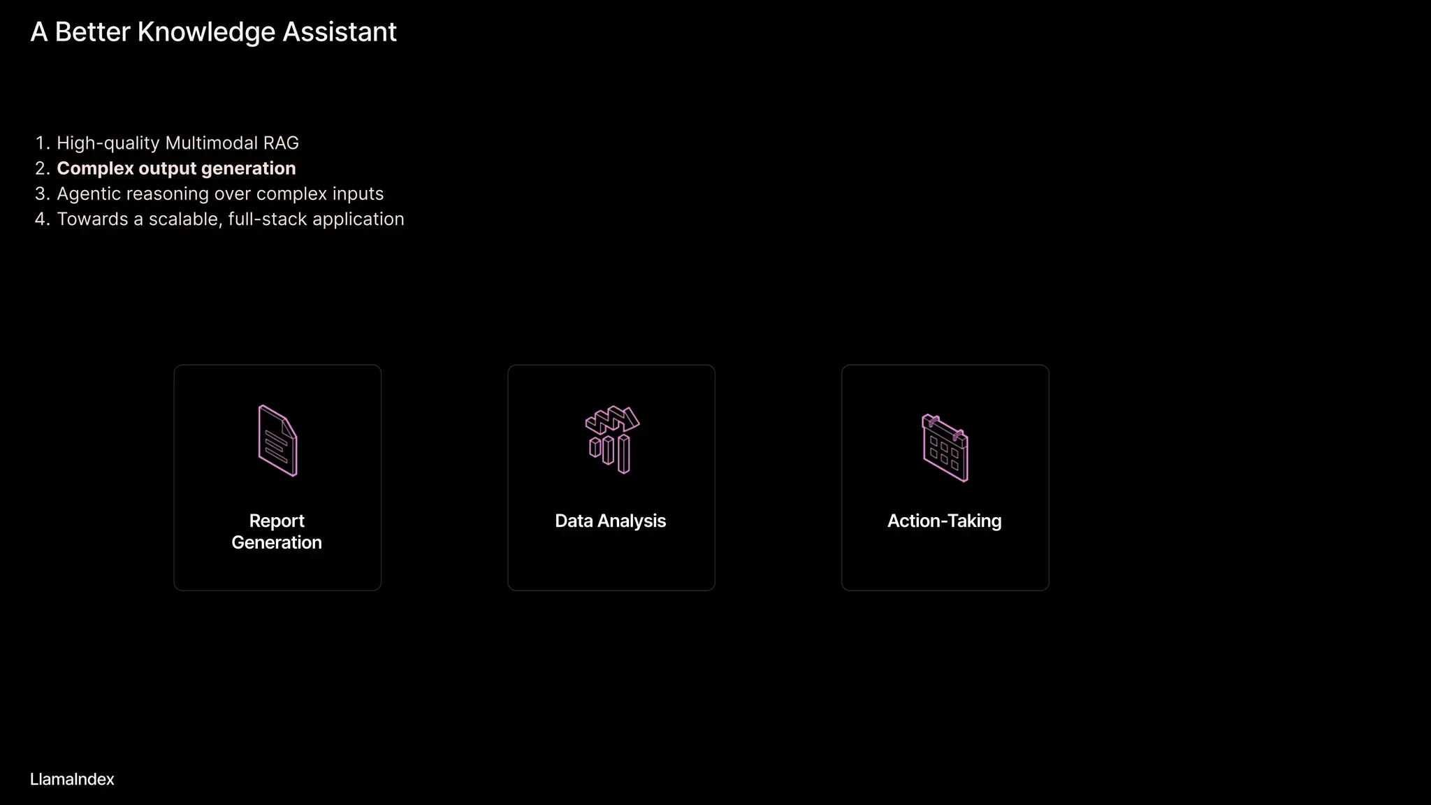 A Better Knowledge Assistant
LlamaIndex
High-quality Multimodal RA
Complex output generatio
Agentic reasoning over complex input
Towards a scalable, full-stack application
Action-Taking
Report
Generation
Data Analysis
 