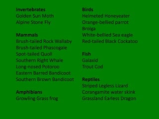 Invertebrates               Birds
Golden Sun Moth             Helmeted Honeyeater
Alpine Stone Fly            Orange-bellied parrot
                            Brolga
Mammals                     White-bellied Sea eagle
Brush-tailed Rock Wallaby   Red-tailed Black Cockatoo
Brush-tailed Phascogale
Spot-tailed Quoll           Fish
Southern Right Whale        Galaxid
Long-nosed Potoroo          Trout Cod
Eastern Barred Bandicoot
Southern Brown Bandicoot    Reptiles
                            Striped Legless Lizard
Amphibians                  Corangamite water skink
Growling Grass frog         Grassland Earless Dragon
 