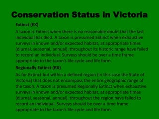 Conservation Status in Victoria
Extinct (EX)
A taxon is Extinct when there is no reasonable doubt that the last
individual has died. A taxon is presumed Extinct when exhaustive
surveys in known and/or expected habitat, at appropriate times
(diurnal, seasonal, annual), throughout its historic range have failed
to record an individual. Surveys should be over a time frame
appropriate to the taxon’s life cycle and life form.
Regionally Extinct (RX)
As for Extinct but within a defined region (in this case the State of
Victoria) that does not encompass the entire geographic range of
the taxon. A taxon is presumed Regionally Extinct when exhaustive
surveys in known and/or expected habitat, at appropriate times
(diurnal, seasonal, annual), throughout the region have failed to
record an individual. Surveys should be over a time frame
appropriate to the taxon’s life cycle and life form.
 