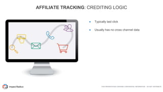 AFFILIATE TRACKING: CREDITING LOGIC
● Typically last click
● Usually has no cross channel data
THIS PRESENTATION CONTAINS ...