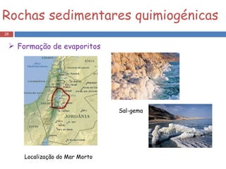 Rochas sedimentares quimiogénicas Formação de evaporitos Localização do Mar Morto Sal-gema 