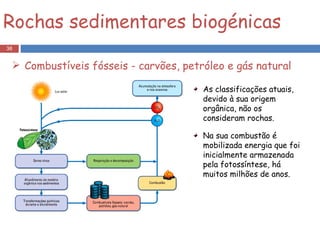 As classificações atuais, devido à sua origem orgânica, não os consideram rochas. Na sua combustão é mobilizada energia que foi inicialmente armazenada pela fotossíntese, há muitos milhões de anos. Rochas sedimentares biogénicas Combustíveis fósseis - carvões, petróleo e gás natural 