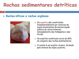 Rochas sedimentares detríticas
17


  Rochas sílticas e rochas argilosas

                           Os argilitos são constituídos
                           fundamentalmente por minerais de
                           argila (resultantes da meteorização
                           química de vários minerais,
                           nomeadamente dos feldspatos e das
                           micas).

                           Os argilitos constituem cerca de 80%
                           do conjunto das rochas sedimentares.

                           O caulino é um argilito, branco, formado
                           pelo mineral de argila caulinite.
 