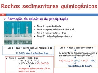 Rochas sedimentares quimiogénicas
21

  Formação de calcários de precipitação

                                  Tubo A – água destilada
                                  Tubo B – água + calcite reduzida a pó
                                  Tubo C – água + calcite + CO2
                                  Tubo C ’ – tubo C após aquecimento




     Tubo B – água + calcite (CaCO3) reduzida a pó     Tubo C ’ – tubo C após aquecimento

              O CaCO3 não é solúvel na água             O aumento da temperatura provoca a
                                                        necessidade de libertação de CO2
       Tubo C – calcite + H2O + CO2
                H2O + CO2  H2CO3                       Ca(HCO3)2  CaCO3 + H2O + CO2,
                H2CO3 + CaCO3  Ca (HCO3)2
                                                                  Precipitação de CaCO3
                 Hidrogenocarbonato de cálcio,
                 solúvel em água
 