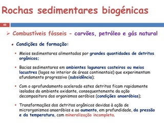 Rochas sedimentares biogénicas
40


  Combustíveis fósseis - carvões, petróleo e gás natural
     Condições de formação:

      Meios sedimentares alimentados por grandes quantidades de detritos
       orgânicos;

      Bacias sedimentares em ambientes lagunares costeiros ou meios
       lacustres (lagos no interior de áreas continentais) que experimentam
       afundamento progressivo (subsidência);

      Com o aprofundamento acelerado estes detritos ficam rapidamente
       isolados do ambiente oxidante, consequentemente da ação
       decompositora dos organismos aeróbios (condições anaeróbias);

      Transformações dos detritos orgânicos devidas à ação de
       microrganismos anaeróbios e ao aumento, em profundidade, da pressão
       e da temperatura, com mineralização incompleta.
 