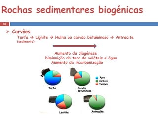 Rochas sedimentares biogénicas
46


  Carvões
     Turfa  Lignite  Hulha ou carvão betuminoso  Antracite
     (sedimento)


                        Aumento da diagénese
                   Diminuição do teor de voláteis e água
                      Aumento da incarbonização
 