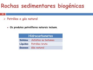 Rochas sedimentares biogénicas
48


  Petróleo e gás natural

     Os produtos petrolíferos naturais incluem.


                        Hidrocarbonetos
             Sólidos     Asfaltos ou betumes
             Líquidos    Petróleo bruto
             Gasosos     Gás natural
 