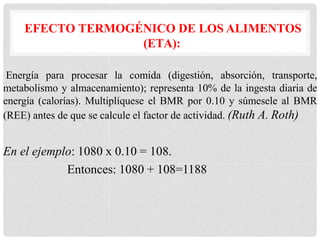 EFECTO TERMOGÉNICO DE LOS ALIMENTOS
(ETA):
Energía para procesar la comida (digestión, absorción, transporte,
metabolismo ...