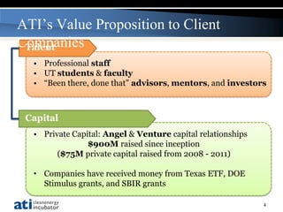 ATI’s Value Proposition to Client
Companies
 Talent
  • Professional staff
  • UT students & faculty
  • “Been there, done that” advisors, mentors, and investors



 Capital
  • Private Capital: Angel & Venture capital relationships
                $900M raised since inception
        ($75M private capital raised from 2008 - 2011)

  • Companies have received money from Texas ETF, DOE
    Stimulus grants, and SBIR grants

                                                             4
 