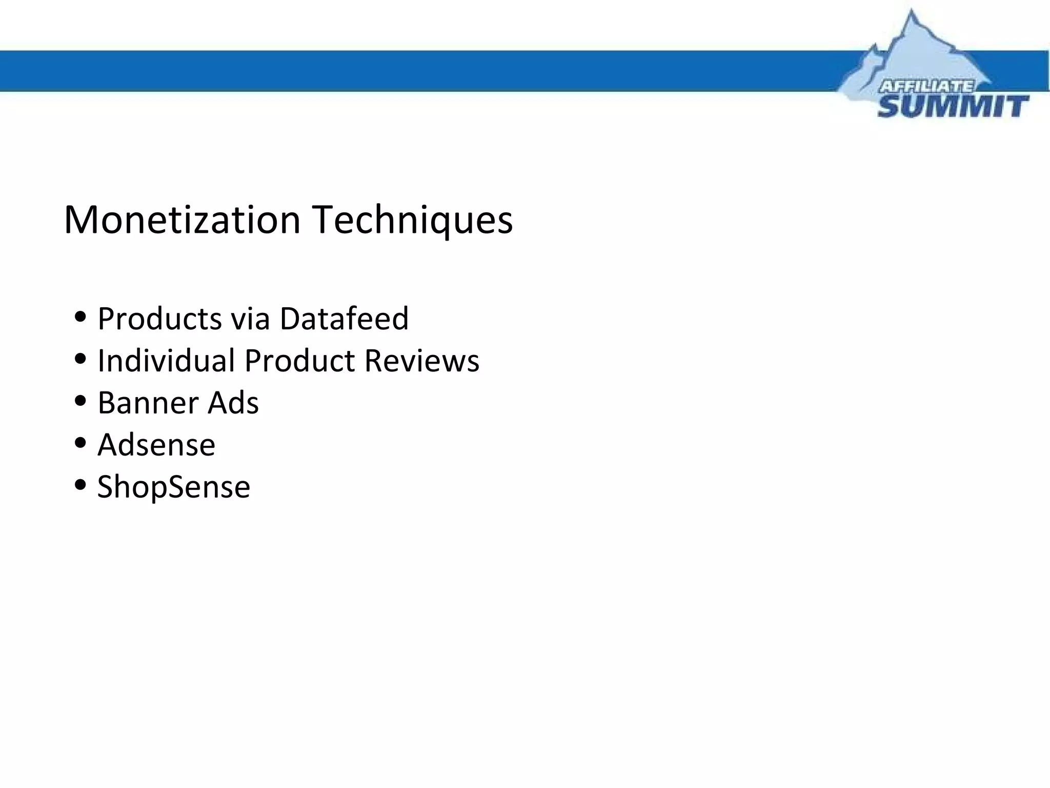 Monetization Techniques Products via Datafeed Individual Product Reviews Banner Ads Adsense ShopSense 