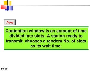Contention window is an amount of time
divided into slots; A station ready to
transmit, chooses a random No. of slots
as its wait time.
Note
12.22
 