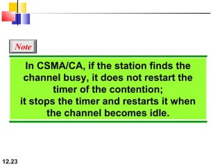 In CSMA/CA, if the station finds the
channel busy, it does not restart the
timer of the contention;
it stops the timer and restarts it when
the channel becomes idle.
Note
12.23
 