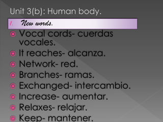 Unit 3(b): Human body.
1.










New words.

Vocal cords- cuerdas
vocales.
It reaches- alcanza.
Network- red.
Branches- ramas.
Exchanged- intercambio.
Increase- aumentar.
Relaxes- relajar.
Keep- mantener.

 