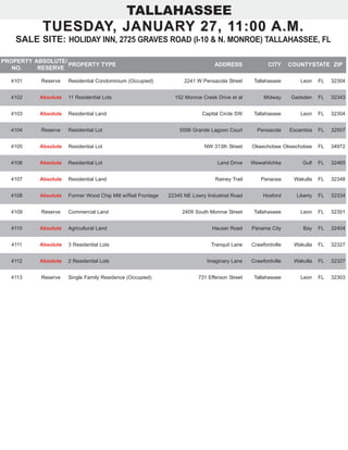 TALLAHASSEE
TUESDAY, JANUARY 27, 11:00 A.M.TUESDAY, JANUARY 27, 11:00 A.M.
SALE SITE: HOLIDAY INN, 2725 GRAVES ROAD (I-10 & N. MONROE) TALLAHASSEE, FL
PROPERTY
NO.
ABSOLUTE/
RESERVE
PROPERTY TYPE ADDRESS CITY COUNTYSTATE ZIP
4101 Reserve Residential Condominium (Occupied) 2241 W Pensacola Street Tallahassee Leon FL 32304
4102 Absolute 11 Residential Lots 152 Monroe Creek Drive et al Midway Gadsden FL 32343
4103 Absolute Residential Land Capital Circle SW Tallahassee Leon FL 32304
4104 Reserve Residential Lot 5556 Grande Lagoon Court Pensacola Escambia FL 32507
4105 Absolute Residential Lot NW 313th Street Okeechobee Okeechobee FL 34972
4106 Absolute Residential Lot Land Drive Wewahitchka Gulf FL 32465
4107 Absolute Residential Land Rainey Trail Panacea Wakulla FL 32348
4108 Absolute Former Wood Chip Mill w/Rail Frontage 22345 NE Lowry Industrial Road Hosford Liberty FL 32334
4109 Reserve Commercial Land 2409 South Monroe Street Tallahassee Leon FL 32301
4110 Absolute Agricultural Land Hauser Road Panama City Bay FL 32404
4111 Absolute 3 Residential Lots Tranquil Lane Crawfordville Wakulla FL 32327
4112 Absolute 2 Residential Lots Imaginary Lane Crawfordville Wakulla FL 32327
4113 Reserve Single Family Residence (Occupied) 731 Efferson Street Tallahassee Leon FL 32303
 