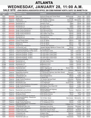 ATLANTA
WEDNESDAY, JANUARY 28, 11:00 A.M.WEDNESDAY, JANUARY 28, 11:00 A.M.
SALE SITE: JOHN DIXON &ASSOCIATES OFFICE, 200 COBB PARKWAY NORTH, SUITE 120, MARIETTAGA
PROPERTY
NO.
ABSOLUTE/
RESERVE
PROPERTY TYPE ADDRESS CITY COUNTY STATE ZIP
4201 Absolute Raw Land Upchurch Road and Turner Road McDonough Henry GA 30253
4202 Absolute Single Family Residence 1180 Dolphin Drive Atlanta Fulton GA 30311
4203 Reserve Warehouse 731 Woodbury Highway Greenville Meriwether GA 30222
4204 Reserve 3 Residential Lots 994 Frashier Road Carrollton Carroll GA 30116
4205 Absolute Residential Lot Hampton Court Ellijay Gilmer GA 30540
4206 Absolute Residential Lot New Hope Club Road Ellijay Gilmer GA 30540
4207 Absolute Residential Lot Muscogee Drive Ellijay Gilmer GA 30540
4208 Absolute 3 Unit Multi Family Building 927 Reed Avenue East Point Fulton GA 30344
4209 Absolute Single Family Residence 3220 Memorial Drive Decatur DeKalb GA 30032
4210 Absolute Single Family Residence 1943 Wee Kirk Road Atlanta DeKalb GA 30316
4211 Absolute Single Family Residence 3361 Hollow Tree Drive Atlanta DeKalb GA 30034
4212 Absolute Residential Lot 1208 Memorial Drive Atlanta DeKalb GA 30316
4213 Absolute Residential Lot Memorial Drive Atlanta DeKalb GA 30316
4214 Reserve Gas Station/Convenience Store 1103 Highway 78 (Athens Highway) Grayson Gwinnett GA 30017
4215 Absolute Former Poultry Plant 2125 7th Street Macon Bibb GA 31206
4216 Reserve Warehouse Building 2193 7th Street Macon Bibb GA 31206
4217 Reserve Parking Lot 2175 7th Street Macon Bibb GA 31206
4218 Absolute Single Family Residence 1348 NE Park Hill Drive Gainesville Hall GA 30501
4219 Absolute Commercial Land Cascade Palmetto Highway at Thoreau Circle Atlanta Fulton GA 30349
4220 Reserve Commercial Building - 5 Bay Garage 57 Ivy Log Road Blairsville Union GA 30512
4221 Reserve 5 Apartment Buildings (4-Plex each) 340-378 Bowie Circle Tyler Lowndes AL 36785
4222 Reserve Apartment Building (4-plex) 126-132 Indian Creek Road Tyler Lowndes AL 36785
4223 Reserve Apartment Building (4-plex) 163-169 Indian Creek Road Tyler Lowndes AL 36785
4224 Reserve Apartment Building (4-plex) 182-188 Indian Creek Road Tyler Lowndes AL 36785
4225 Reserve Apartment Building (4-plex) 183-189 Indian Creek Road Tyler Lowndes AL 36785
4226 Reserve Commercial Building 144 E Lee Street Dawson Terrell GA 39842
4227 Absolute Residential Lot 448 Safe Harbor Drive Dallas Paulding GA 30157
4228A Absolute Residential Land Ridgewood Court Vidalia Toombs GA 30474
4228B Absolute Residential Lot Ridgewood Court Vidalia Toombs GA 30474
4228C Absolute 2 Residential Lots Pinewood Drive Vidalia Toombs GA 30474
4229 Absolute Residential land 2508 E Highway 26 Buena Vista Marion GA 31806
4230 Absolute 4 Residential Lots 2266 S NC Highway 87 212, 220, 269
Steelcrest Road Graham Alamance NC 27253
4231 Reserve Retail/Office Building 613 Roosevelt Highway (aka Main Street) Palmetto Fulton GA 30268
4232 Reserve Multi Family Lot Red Coach Drive Springfield Clark OH 45503
4233 Reserve 3 Residential Lots Hammarskjold Drive Atlanta Fulton GA 30344
4234 Absolute Residential Lot 10 Street SW Lanette Chambers AL 36863
4235 Reserve Single Family Residence 132 Garden Springs Road Columbia Richland SC 29209
4236 Reserve Residential Lot Timber Run Drive Salisbury Clayton NC 28146
4237 Reserve Residential Land 115 E Hightower Social Circle Walton GA 30025
4238 Reserve Single Family Residence (Occupied) 2323 Daniel Road SW Atlanta Fulton GA 30331
4239 Reserve Single Family Residence 4492 Bakers Ferry Road SW Atlanta Fulton GA 30331
4240 Absolute Residential Lot Sassafras Trail Jasper Pickens GA 30143
4241 Reserve Residential Land w/Home Veterans Memorial Highway
(Toccoa Bypass) Toccoa Stephens GA 30577
4242 Reserve Single Family Residence 1520 Rogers Avenue SW Atlanta Fulton GA 30310
4243 Reserve Shopping Center 2448 Shorter Avenue Rome Floyd GA 30165
4244 Reserve Grocery Commercial Out Parcel Level Grove Road Cornelia Habersham GA 30531
4245 Absolute Commercial Building - Restaurant
(Family Estate) 102 W Main Street Manchester Meriwether GA 31816
4246 Reserve 10 Residential Lots 1038 Timber Trail et al Austell Cobb GA 30168
4247 Reserve Single Family Residence 2715 Hedgewood Drive Atlanta Fulton GA 30311
4248 Reserve Commercial Building - Converted
Historical House 3593 Hemphill Street College Park Fulton GA 30337
4249 Absolute 2 Residential Lake Lots Wedowee Cove Drive Wedowee Randolph AL 36278
4250 Absolute Single Family Residence 522 Highlands View Road Highlands Macon NC 28741
4251 Absolute Commercial Land Macedonia Church Road Buchanan Haralson GA 30113
4252 Absolute 2 Office Condo Pads 123 & 127 Village Centre West Woodstock Cherokee GA 30188
4253 Absolute 2 Industrial Lots Amlajack Way Newnan Coweta GA 30263
4254 Absolute Commercial Lot 445 East Highway 34 Newnan Coweta GA 30263
4255 Absolute Residential Lake Lot Chatuge Point Hiawassee Towns GA 30546
 