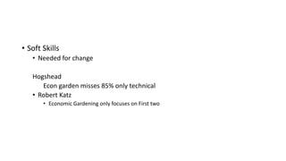• Soft Skills
• Needed for change
Hogshead
Econ garden misses 85% only technical
• Robert Katz
• Economic Gardening only focuses on First two
 