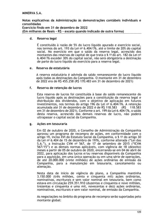 MINERVA S.A.
Notas explicativas da Administração às demonstrações contábeis individuais e
consolidadas
Exercício findo em 31 de dezembro de 2022
(Em milhares de Reais – R$ – exceto quando indicado de outra forma)
109
d. Reserva legal
É constituído à razão de 5% do lucro líquido apurado e exercício social,
nos termos do art. 193 da Lei no
6.404/76, até o limite de 20% do capital
social. No exercício em que o saldo da reserva legal, acrescido dos
montantes das reservas de capital de que trata o § 1o
do art. 182 da Lei no
6.404/76 exceder 30% do capital social, não será obrigatória a destinação
de parte do lucro líquido do exercício para a reserva legal.
e. Reserva de estatutária
A reserva estatutária é advinda do saldo remanescente do lucro líquido
após todas as destinações da Companhia. O montante em 31 de dezembro
de 2022 era de R$ 455.258 (R$ 170.483 em 31 de dezembro de 2021)
f. Reserva de retenção de lucros
Esta reserva de lucros foi constituída à base do saldo remanescente do
lucro líquido após as destinações para a constituição da reserva legal e
distribuição dos dividendos, com o objetivo de aplicação em futuros
investimentos, nos termos do artigo 196 da Lei no
6.404/76. A retenção
acumulada até 31 de dezembro de 2022 é de R$ 118.583 (R$ 118.583
em 31 de dezembro de 2021). Conforme o art. 199 da Lei 6.404/76, o saldo
desta reserva, acrescido das demais reservas de lucro, não poderá
ultrapassar o capital social da Companhia.
g. Ações em tesouraria
Em 02 de outubro de 2020, o Conselho de Administração da Companhia
aprovou um programa de recompra de ações, em conformidade com o
artigo 19, inciso XVI do Estatuto Social da Companhia, o § 1o
do artigo 30
da Lei no
6.404 de 15 de dezembro de 1976, conforme alterada (“Lei das
S.A.”), a Instrução CVM no
567, de 17 de setembro de 2015 (“ICVM
567/15”) e as demais normas aplicáveis, com vigência de 18 (dezoito)
meses a partir de 05 de outubro de 2020, encerrando-se em 04 de abril de
2022, para aplicação dos lucros e/ou reservas disponíveis da Companhia
para a aquisição, em uma única operação ou em uma série de operações,
de até 20.000.000 (vinte milhões) de ações ordinárias de emissão da
Companhia, para a manutenção em tesouraria, cancelamento ou
alienação.
Nesta data de início de vigência do plano, a Companhia mantinha
3.150.000 (três milhões, cento e cinquenta mil) ações ordinárias,
nominativas, escriturais e sem valor nominal em tesouraria, bem como
estava em circulação 259.351.910 (duzentas e cinquenta e nove milhões,
trezentas e cinquenta e uma mil, novecentas e dez) ações ordinárias,
nominativas, escriturais e sem valor nominal, de emissão da Companhia.
As negociações no âmbito do programa de recompra serão suportadas pelo
montante global:
 