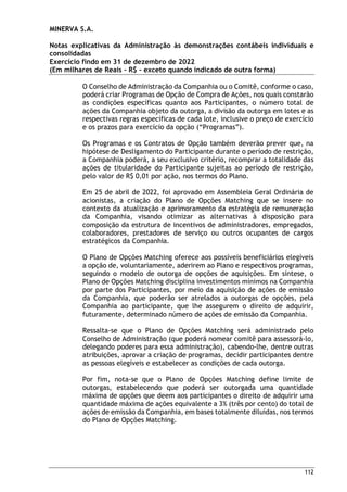 MINERVA S.A.
Notas explicativas da Administração às demonstrações contábeis individuais e
consolidadas
Exercício findo em 31 de dezembro de 2022
(Em milhares de Reais – R$ – exceto quando indicado de outra forma)
112
O Conselho de Administração da Companhia ou o Comitê, conforme o caso,
poderá criar Programas de Opção de Compra de Ações, nos quais constarão
as condições específicas quanto aos Participantes, o número total de
ações da Companhia objeto da outorga, a divisão da outorga em lotes e as
respectivas regras específicas de cada lote, inclusive o preço de exercício
e os prazos para exercício da opção (“Programas”).
Os Programas e os Contratos de Opção também deverão prever que, na
hipótese de Desligamento do Participante durante o período de restrição,
a Companhia poderá, a seu exclusivo critério, recomprar a totalidade das
ações de titularidade do Participante sujeitas ao período de restrição,
pelo valor de R$ 0,01 por ação, nos termos do Plano.
Em 25 de abril de 2022, foi aprovado em Assembleia Geral Ordinária de
acionistas, a criação do Plano de Opções Matching que se insere no
contexto da atualização e aprimoramento da estratégia de remuneração
da Companhia, visando otimizar as alternativas à disposição para
composição da estrutura de incentivos de administradores, empregados,
colaboradores, prestadores de serviço ou outros ocupantes de cargos
estratégicos da Companhia.
O Plano de Opções Matching oferece aos possíveis beneficiários elegíveis
a opção de, voluntariamente, aderirem ao Plano e respectivos programas,
seguindo o modelo de outorga de opções de aquisições. Em síntese, o
Plano de Opções Matching disciplina investimentos mínimos na Companhia
por parte dos Participantes, por meio da aquisição de ações de emissão
da Companhia, que poderão ser atrelados a outorgas de opções, pela
Companhia ao participante, que lhe assegurem o direito de adquirir,
futuramente, determinado número de ações de emissão da Companhia.
Ressalta-se que o Plano de Opções Matching será administrado pelo
Conselho de Administração (que poderá nomear comitê para assessorá-lo,
delegando poderes para essa administração), cabendo-lhe, dentre outras
atribuições, aprovar a criação de programas, decidir participantes dentre
as pessoas elegíveis e estabelecer as condições de cada outorga.
Por fim, nota-se que o Plano de Opções Matching define limite de
outorgas, estabelecendo que poderá ser outorgada uma quantidade
máxima de opções que deem aos participantes o direito de adquirir uma
quantidade máxima de ações equivalente a 3% (três por cento) do total de
ações de emissão da Companhia, em bases totalmente diluídas, nos termos
do Plano de Opções Matching.
 