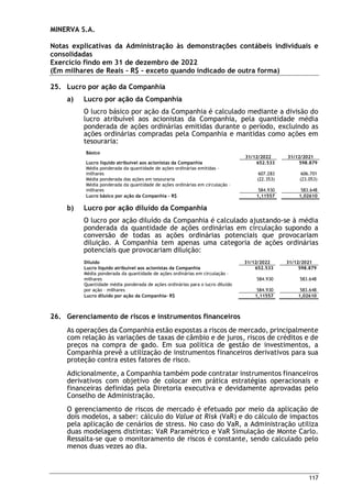 MINERVA S.A.
Notas explicativas da Administração às demonstrações contábeis individuais e
consolidadas
Exercício findo em 31 de dezembro de 2022
(Em milhares de Reais – R$ – exceto quando indicado de outra forma)
117
25. Lucro por ação da Companhia
a) Lucro por ação da Companhia
O lucro básico por ação da Companhia é calculado mediante a divisão do
lucro atribuível aos acionistas da Companhia, pela quantidade média
ponderada de ações ordinárias emitidas durante o período, excluindo as
ações ordinárias compradas pela Companhia e mantidas como ações em
tesouraria:
Básico
31/12/2022 31/12/2021
Lucro líquido atribuível aos acionistas da Companhia 652.533 598.879
Média ponderada da quantidade de ações ordinárias emitidas –
milhares 607.283 606.701
Média ponderada das ações em tesouraria (22.353) (23.053)
Média ponderada da quantidade de ações ordinárias em circulação –
milhares 584.930 583.648
Lucro básico por ação da Companhia – R$ 1,11557 1,02610
b) Lucro por ação diluído da Companhia
O lucro por ação diluído da Companhia é calculado ajustando-se à média
ponderada da quantidade de ações ordinárias em circulação supondo a
conversão de todas as ações ordinárias potenciais que provocariam
diluição. A Companhia tem apenas uma categoria de ações ordinárias
potenciais que provocariam diluição:
]
Diluído 31/12/2022 31/12/2021
Lucro líquido atribuível aos acionistas da Companhia 652.533 598.879
Média ponderada da quantidade de ações ordinárias em circulação –
milhares 584.930 583.648
Quantidade média ponderada de ações ordinárias para o lucro diluído
por ação – milhares 584.930 583.648
Lucro diluído por ação da Companhia- R$ 1,11557 1,02610
26. Gerenciamento de riscos e instrumentos financeiros
As operações da Companhia estão expostas a riscos de mercado, principalmente
com relação às variações de taxas de câmbio e de juros, riscos de créditos e de
preços na compra de gado. Em sua política de gestão de investimentos, a
Companhia prevê a utilização de instrumentos financeiros derivativos para sua
proteção contra estes fatores de risco.
Adicionalmente, a Companhia também pode contratar instrumentos financeiros
derivativos com objetivo de colocar em prática estratégias operacionais e
financeiras definidas pela Diretoria executiva e devidamente aprovadas pelo
Conselho de Administração.
O gerenciamento de riscos de mercado é efetuado por meio da aplicação de
dois modelos, a saber: cálculo do Value at Risk (VaR) e do cálculo de impactos
pela aplicação de cenários de stress. No caso do VaR, a Administração utiliza
duas modelagens distintas: VaR Paramétrico e VaR Simulação de Monte Carlo.
Ressalta-se que o monitoramento de riscos é constante, sendo calculado pelo
menos duas vezes ao dia.
 
