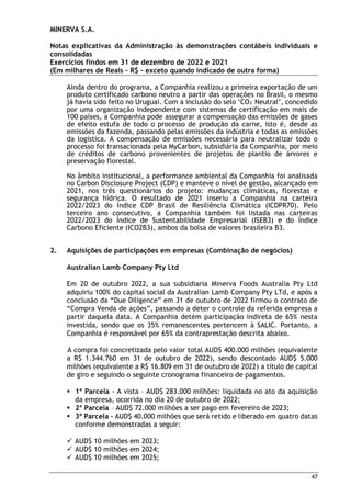 MINERVA S.A.
Notas explicativas da Administração às demonstrações contábeis individuais e
consolidadas
Exercícios findos em 31 de dezembro de 2022 e 2021
(Em milhares de Reais – R$ – exceto quando indicado de outra forma)
47
Ainda dentro do programa, a Companhia realizou a primeira exportação de um
produto certificado carbono neutro a partir das operações no Brasil, o mesmo
já havia sido feito no Uruguai. Com a inclusão do selo ‘CO₂ Neutral’, concedido
por uma organização independente com sistemas de certificação em mais de
100 países, a Companhia pode assegurar a compensação das emissões de gases
de efeito estufa de todo o processo de produção da carne, isto é, desde as
emissões da fazenda, passando pelas emissões da indústria e todas as emissões
da logística. A compensação de emissões necessária para neutralizar todo o
processo foi transacionada pela MyCarbon, subsidiária da Companhia, por meio
de créditos de carbono provenientes de projetos de plantio de árvores e
preservação florestal.
No âmbito institucional, a performance ambiental da Companhia foi analisada
no Carbon Disclosure Project (CDP) e manteve o nível de gestão, alcançado em
2021, nos três questionários do projeto: mudanças climáticas, florestas e
segurança hídrica. O resultado de 2021 inseriu a Companhia na carteira
2022/2023 do Índice CDP Brasil de Resiliência Climática (ICDPR70). Pelo
terceiro ano consecutivo, a Companhia também foi listada nas carteiras
2022/2023 do Índice de Sustentabilidade Empresarial (ISEB3) e do Índice
Carbono Eficiente (ICO2B3), ambos da bolsa de valores brasileira B3.
2. Aquisições de participações em empresas (Combinação de negócios)
Australian Lamb Company Pty Ltd
Em 20 de outubro 2022, a sua subsidiaria Minerva Foods Australia Pty Ltd
adquiriu 100% do capital social da Australian Lamb Company Pty LTd, e após a
conclusão da “Due Diligence” em 31 de outubro de 2022 firmou o contrato de
“Compra Venda de ações”, passando a deter o controle da referida empresa a
partir daquela data. A Companhia detém participação indireta de 65% nesta
investida, sendo que os 35% remanescentes pertencem à SALIC. Portanto, a
Companhia é responsável por 65% da contraprestação descrita abaixo.
A compra foi concretizada pelo valor total AUD$ 400.000 milhões (equivalente
a R$ 1.344.760 em 31 de outubro de 2022), sendo descontado AUD$ 5.000
milhões (equivalente a R$ 16.809 em 31 de outubro de 2022) a título de capital
de giro e seguindo o seguinte cronograma financeiro de pagamentos.
 1º Parcela - A vista – AUD$ 283.000 milhões: liquidada no ato da aquisição
da empresa, ocorrida no dia 20 de outubro de 2022;
 2º Parcela – AUD$ 72.000 milhões a ser pago em fevereiro de 2023;
 3º Parcela – AUD$ 40.000 milhões que será retido e liberado em quatro datas
conforme demonstradas a seguir:
 AUD$ 10 milhões em 2023;
 AUD$ 10 milhões em 2024;
 AUD$ 10 milhões em 2025;
 