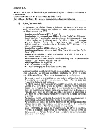 MINERVA S.A.
Notas explicativas da Administração às demonstrações contábeis individuais e
consolidadas
Exercícios findos em 31 de dezembro de 2022 e 2021
(Em milhares de Reais – R$ – exceto quando indicado de outra forma)
51
c) Operações no exterior
As empresas controladas diretas e indiretas no exterior adotaram as
seguintes moedas funcionais para as Demonstrações contábeis levantadas
em 31 de dezembro de 2022:
 Moeda guarani (Paraguai-PY) – Friasa S.A.;
 Moeda dólar norte americano (US$) – Athena Foods S.A., Frigomerc
S.A., Pulsa S.A., Frigorífico Carrasco S.A., Lytmer S.A.; Minerva Overseas
I, Minerva Overseas II, Minerva Meat USA, Minerva USA LLC, Minerva
Venture Capital Fundo de Investimento em Participações
Multiestrategicas – Investimento no Exterior, MF92 Venture LLC e
Minerva Luxembourg;
 Moeda libra esterlina (GBP) – Minerva Europe Ltd.;
 Moeda peso/chileno – Minerva Foods Chile SpA e Minerva Live Cattle
Export SPA;
 Moeda peso/colombiano – Minerva Colômbia S.A.S, Red Cárnica S.A.S e
Red Industrial Colombiana S.A.S;
 Moeda dólar australiano – Minerva Austrália Holdings PTY Ltd.; Minerva Asia
Foods PTY Ltd.; Minerva Australia PTY Ltd
 Peso/ argentino – Pul Argentina S.A.
 Euro – Athn Foods Holdings S.A.
 Moeda dólar Singapura: Fortuna Foods PTE. LTD.
As demonstrações contábeis individuais e consolidadas, quando aplicável,
estão adaptadas às práticas contábeis adotadas no Brasil e estão
convertidas para Reais – R$ por meio dos seguintes procedimentos:
 Os ativos e passivos monetários são convertidos utilizando a taxa de
fechamento da respectiva moeda para o Real – R$, na data dos
respectivos balanços patrimoniais;
 No último balanço patrimonial levantado correspondente ao Patrimônio
Líquido (PL) convertido à taxa do câmbio histórica vigente naquela
época e as mutações do PL do período corrente são convertidas pelas
taxas de câmbio históricas das datas em que ocorreram as transações,
notando que o lucro ou prejuízo auferido é convertido e acumulado a
uma taxa de câmbio média mensal histórica como indicado no tópico
seguinte;
 As receitas, custos e despesas do exercício corrente são convertidos e
acumulados a uma taxa de câmbio média mensal histórica;
 As variações dos saldos de câmbio decorrentes dos itens precedentes
citados acima são reconhecidas em conta específica do patrimônio
líquido, na rubrica de “Outros resultados abrangentes”;
 Estão eliminados os saldos de investimentos, de ativos e passivos,
receitas e despesas decorrentes de transações efetuadas entre as
Companhias do “Grupo Minerva” que compõem as demonstrações
contábeis consolidadas.
 