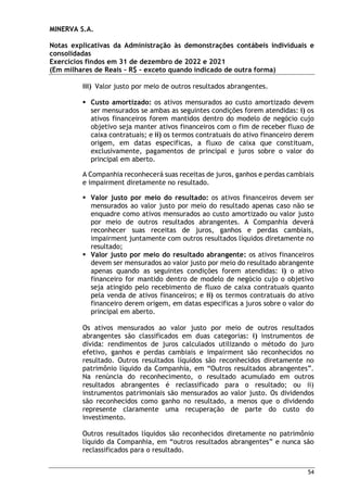 MINERVA S.A.
Notas explicativas da Administração às demonstrações contábeis individuais e
consolidadas
Exercícios findos em 31 de dezembro de 2022 e 2021
(Em milhares de Reais – R$ – exceto quando indicado de outra forma)
54
iii) Valor justo por meio de outros resultados abrangentes.
 Custo amortizado: os ativos mensurados ao custo amortizado devem
ser mensurados se ambas as seguintes condições forem atendidas: i) os
ativos financeiros forem mantidos dentro do modelo de negócio cujo
objetivo seja manter ativos financeiros com o fim de receber fluxo de
caixa contratuais; e ii) os termos contratuais do ativo financeiro derem
origem, em datas especificas, a fluxo de caixa que constituam,
exclusivamente, pagamentos de principal e juros sobre o valor do
principal em aberto.
A Companhia reconhecerá suas receitas de juros, ganhos e perdas cambiais
e impairment diretamente no resultado.
 Valor justo por meio do resultado: os ativos financeiros devem ser
mensurados ao valor justo por meio do resultado apenas caso não se
enquadre como ativos mensurados ao custo amortizado ou valor justo
por meio de outros resultados abrangentes. A Companhia deverá
reconhecer suas receitas de juros, ganhos e perdas cambiais,
impairment juntamente com outros resultados líquidos diretamente no
resultado;
 Valor justo por meio do resultado abrangente: os ativos financeiros
devem ser mensurados ao valor justo por meio do resultado abrangente
apenas quando as seguintes condições forem atendidas: i) o ativo
financeiro for mantido dentro de modelo de negócio cujo o objetivo
seja atingido pelo recebimento de fluxo de caixa contratuais quanto
pela venda de ativos financeiros; e ii) os termos contratuais do ativo
financeiro derem origem, em datas especificas a juros sobre o valor do
principal em aberto.
Os ativos mensurados ao valor justo por meio de outros resultados
abrangentes são classificados em duas categorias: i) instrumentos de
dívida: rendimentos de juros calculados utilizando o método do juro
efetivo, ganhos e perdas cambiais e impairment são reconhecidos no
resultado. Outros resultados líquidos são reconhecidos diretamente no
patrimônio líquido da Companhia, em “Outros resultados abrangentes”.
Na renúncia do reconhecimento, o resultado acumulado em outros
resultados abrangentes é reclassificado para o resultado; ou ii)
instrumentos patrimoniais são mensurados ao valor justo. Os dividendos
são reconhecidos como ganho no resultado, a menos que o dividendo
represente claramente uma recuperação de parte do custo do
investimento.
Outros resultados líquidos são reconhecidos diretamente no patrimônio
líquido da Companhia, em “outros resultados abrangentes” e nunca são
reclassificados para o resultado.
 