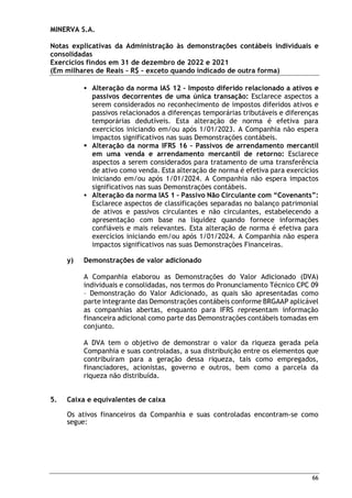 MINERVA S.A.
Notas explicativas da Administração às demonstrações contábeis individuais e
consolidadas
Exercícios findos em 31 de dezembro de 2022 e 2021
(Em milhares de Reais – R$ – exceto quando indicado de outra forma)
66
 Alteração da norma IAS 12 – Imposto diferido relacionado a ativos e
passivos decorrentes de uma única transação: Esclarece aspectos a
serem considerados no reconhecimento de impostos diferidos ativos e
passivos relacionados a diferenças temporárias tributáveis e diferenças
temporárias dedutíveis. Esta alteração de norma é efetiva para
exercícios iniciando em/ou após 1/01/2023. A Companhia não espera
impactos significativos nas suas Demonstrações contábeis.
 Alteração da norma IFRS 16 – Passivos de arrendamento mercantil
em uma venda e arrendamento mercantil de retorno: Esclarece
aspectos a serem considerados para tratamento de uma transferência
de ativo como venda. Esta alteração de norma é efetiva para exercícios
iniciando em/ou após 1/01/2024. A Companhia não espera impactos
significativos nas suas Demonstrações contábeis.
 Alteração da norma IAS 1 – Passivo Não Circulante com “Covenants”:
Esclarece aspectos de classificações separadas no balanço patrimonial
de ativos e passivos circulantes e não circulantes, estabelecendo a
apresentação com base na liquidez quando fornece informações
confiáveis e mais relevantes. Esta alteração de norma é efetiva para
exercícios iniciando em/ou após 1/01/2024. A Companhia não espera
impactos significativos nas suas Demonstrações Financeiras.
y) Demonstrações de valor adicionado
A Companhia elaborou as Demonstrações do Valor Adicionado (DVA)
individuais e consolidadas, nos termos do Pronunciamento Técnico CPC 09
– Demonstração do Valor Adicionado, as quais são apresentadas como
parte integrante das Demonstrações contábeis conforme BRGAAP aplicável
as companhias abertas, enquanto para IFRS representam informação
financeira adicional como parte das Demonstrações contábeis tomadas em
conjunto.
A DVA tem o objetivo de demonstrar o valor da riqueza gerada pela
Companhia e suas controladas, a sua distribuição entre os elementos que
contribuíram para a geração dessa riqueza, tais como empregados,
financiadores, acionistas, governo e outros, bem como a parcela da
riqueza não distribuída.
5. Caixa e equivalentes de caixa
Os ativos financeiros da Companhia e suas controladas encontram-se como
segue:
 