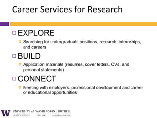 Career Services for Research
 EXPLORE
 Searching for undergraduate positions, research, internships,
and careers
 BUILD
 Application materials (resumes, cover letters, CVs, and
personal statements)
 CONNECT
 Meeting with employers, professional development and career
or educational opportunities
 