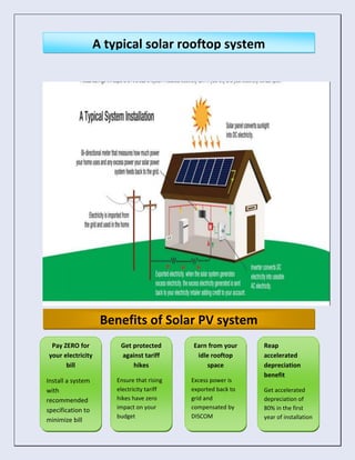 Pay ZERO for
your electricity
bill
Install a system
with
recommended
specification to
minimize bill
Get protected
against tariff
hikes
Ensure that rising
electricity tariff
hikes have zero
impact on your
budget
Reap
accelerated
depreciation
benefit
Get accelerated
depreciation of
80% in the first
year of installation
Earn from your
idle rooftop
space
Excess power is
exported back to
grid and
compensated by
DISCOM
A typical solar rooftop system
Benefits of Solar PV system
 