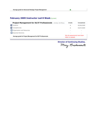 Average grade for Advanced Strategic Project Management A
February 2009 Instructor Led 8 Week (Current)
Project Management for IS/IT Professionals (6 CEUs / 60 PDUs) Grade Completed
Systems A 02/09/2009
Competencies A 03/07/2009
Organization and Resources - -
Essential Elements - -
Average grade for Project Management for IS/IT Professionals
Not all assessments have been
taken or passed.
Director of Continuing Studies,
 