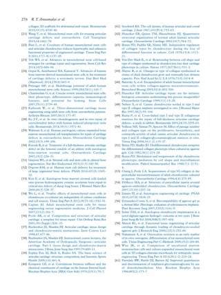 collagen 3D scaffolds for abdominal wall repair. Biomaterials
2010;31(15):4330–40.
[21] Wang Y, et al. Mesenchymal stem cells for treating articular
cartilage defects and osteoarthritis. Cell Transplant
2015;24:1661–78.
[22] Bian L, et al. Coculture of human mesenchymal stem cells
and articular chondrocytes reduces hypertrophy and enhances
functional properties of engineered cartilage. Tissue Eng Part
A 2011;17(7–8):1137–45.
[23] Toh WS, et al. Advances in mesenchymal stem cell-based
strategies for cartilage repair and regeneration. Stem Cell Rev
2014;10(5):686–96.
[24] Gopal K, Amirhamed HA, Kamarul T. Advances of human
bone marrow-derived mesenchymal stem cells in the treatment
of cartilage defects: a systematic review. Exp Biol Med
(Maywood) 2014;239(6):663–9.
[25] Pittenger MF, et al. Multilineage potential of adult human
mesenchymal stem cells. Science 1999;284(5411):143–7.
[26] Chamberlain G, et al. Concise review: mesenchymal stem cells:
their phenotype, differentiation capacity, immunological
features, and potential for homing. Stem Cells
2007;25(11):2739–49.
[27] Kaﬁenah W, et al. Three-dimensional cartilage tissue
engineering using adult stem cells from osteoarthritis patients.
Arthritis Rheum 2007;56(1):177–87.
[28] Ko J-Y, et al. In vitro chondrogenesis and in vivo repair of
osteochondral defect with human induced pluripotent stem
cells. Biomaterials 2014;35(11):3571–81.
[29] Wakitani S, et al. Human autologous culture expanded bone
marrow mesenchymal cell transplantation for repair of cartilage
defects in osteoarthritic knees. Osteoarthritis Cartilage
2002;10(3):199–206.
[30] Kuroda R, et al. Treatment of a full-thickness articular cartilage
defect in the femoral condyle of an athlete with autologous
bone-marrow stromal cells. Osteoarthritis Cartilage
2007;15(2):226–31.
[31] Grayson WL, et al. Stromal cells and stem cells in clinical bone
regeneration. Nat Rev Endocrinol 2015;11(3):140–50.
[32] Dupont KM, et al. Human stem cell delivery for treatment
of large segmental bone defects. PNAS 2010;107(8):3305–
10.
[33] Kon E, et al. Autologous bone marrow stromal cells loaded
onto porous hydroxyapatite ceramic accelerate bone repair in
critical-size defects of sheep long bones. J Biomed Mater Res
2000;49(3):328–37.
[34] Wu L, et al. Trophic effects of mesenchymal stem cells in
chondrocyte co-cultures are independent of culture conditions
and cell sources. Tissue Eng Part A 2012;18(15–16):1542–51.
[35] Caplan AI. Adult mesenchymal stem cells for tissue
engineering versus regenerative medicine. J Cell Physiol
2007;213(2):341–7.
[36] Poole AR, et al. Composition and structure of articular
cartilage: a template for tissue repair. Clin Orthop Relat Res
2001;391(Suppl.):S26–33.
[37] Buckwalter JA, Mankin HJ. Articular cartilage: tissue design
and chondrocyte-matrix interactions. Instr Course Lect
1998;47:477–86.
[38] Buckwalter JA, Mankin HJ. Instructional course lectures, the
American Academy of Orthopaedic Surgeons—articular
cartilage. Part I: tissue design and chondrocyte-matrix
interactions. J Bone Joint Surg Am 1997;79:600–11.
[39] Sophia Fox AJ, Bedi A, Rodeo SA. The basic science of
articular cartilage: structure, composition, and function. Sports
Health 2009;1(6):461–8.
[40] Kempson GE, et al. Correlations between stiffness and the
chemical constituents of cartilage on the human femoral head.
Biochim Biophys Acta (BBA) Gen Subj 1970;215(1):70–7.
[41] Stockwell RA. The cell density of human articular and costal
cartilage. J Anat 1967;101(Pt 4):753–63.
[42] Hunziker EB, Quinn TM, Häuselmann HJ. Quantitative
structural organization of normal adult human articular
cartilage. Osteoarthritis Cartilage 2002;10(7):564–72.
[43] Benya PD, Padilla SR, Nimni ME. Independent regulation
of collagen types by chondrocytes during the loss of
differentiated function in culture. Cell 1978;15(4):1313–
21.
[44] Von Der Mark K, et al. Relationship between cell shape and
type of collagen synthesised as chondrocytes lose their cartilage
phenotype in culture. Nature 1977;267(5611):531–2.
[45] Mayne R, et al. Changes in type of collagen synthesized as
clones of chick chondrocytes grow and eventually lose division
capacity. Proc Natl Acad Sci U S A 1976;73(5):1674–8.
[46] Batorsky A, et al. Encapsulation of adult human mesenchymal
stem cells within collagen-agarose microenvironments.
Biotechnol Bioeng 2005;92(4):492–500.
[47] Hunziker EB. Articular cartilage repair: are the intrinsic
biological constraints undermining this process insuperable?
Osteoarthritis Cartilage 1999;7(1):15–28.
[48] Nehrer S, et al. Canine chondrocytes seeded in type I and
type II collagen implants investigated in vitro. J Biomed Mater
Res 1997;38(2):95–104.
[49] Buma P, et al. Cross-linked type I and type II collagenous
matrices for the repair of full-thickness articular cartilage
defects—a study in rabbits. Biomaterials 2003;24(19):3255–63.
[50] Veilleux NH, Yannas IV, Spector M. Effect of passage number
and collagen type on the proliferative, biosynthetic, and
contractile activity of adult canine articular chondrocytes in
type I and II collagen-glycosaminoglycan matrices in vitro.
Tissue Eng 2004;10(1–2):119–27.
[51] Benya PD, Shaffer JD. Dedifferentiated chondrocytes reexpress
the differentiated collagen phenotype when cultured in agarose
gels. Cell 1982;30(1):215–24.
[52] Benya PD. Modulation and reexpression of the chondrocyte
phenotype; mediation by cell shape and microﬁlament
modiﬁcation. Pathol Immunopathol Res 1988;7(1–2):51–
4.
[53] Chang J, Poole CA. Sequestration of type VI collagen in the
pericellular microenvironment of adult chondrocytes cultured
in agarose. Osteoarthritis Cartilage 1996;4(4):275–85.
[54] DiMicco MA, et al. Structure of pericellular matrix around
agarose-embedded chondrocytes. Osteoarthritis Cartilage
2007;15(10):1207–16.
[55] Emans PJ, et al. Autologous engineering of cartilage. PNAS
2010;107(8):3418–23.
[56] Fernandez-Cossio S, et al. Biocompatibility of agarose gel as
a dermal ﬁller: Histologic evaluation of subcutaneous implants.
Plast Reconstr Surg 2007;120(5):1161–9.
[57] Selmi TAS, et al. Autologous chondrocyte implantation in a
novel alginate-agarose hydrogel—outcome at two years. J Bone
Joint Surg-Br Vol 2008;90B(5):597–604.
[58] Mauck RL, et al. Functional tissue engineering of articular
cartilage through dynamic loading of chondrocyte-seeded
agarose gels. J Biomech Eng 2000;122(3):252–60.
[59] Nakamura A, et al. Osteocalcin secretion as an early marker
of in vitro osteogenic differentiation of rat mesenchymal stem
cells. Tissue Engineering Part C-Methods 2009;15(2):169–80.
[60] Wise JK, et al. Comparison of uncultured marrow
mononuclear cells and culture-expanded mesenchymal stem
cells in 3D collagen-chitosan microbeads for orthopedic tissue
engineering. Tissue Eng Part A 2014;20(1–2):210–24.
[61] Farndale RW, Buttle DJ, Barrett AJ. Improved quantitation
and discrimination of sulphated glycosaminoglycans by use
of dimethylmethylene blue. Biochim Biophys Acta
1986;883(2):173–7.
276 R.T. Annamalai et al.
 