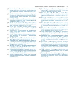 [62] Gomoll AH, et al. The subchondral bone in articular
cartilage repair: current problems in the surgical management.
Knee Surg Sports Traumatol Arthrosc 2010;18(4):434–
47.
[63] Lee CR, et al. Effects of harvest and selected cartilage repair
procedures on the physical and biochemical properties of
articular cartilage in the canine knee. J Orthop Res
2000;18(5):790–9.
[64] Lund AW, et al. Osteogenic differentiation of mesenchymal
stem cells in deﬁned protein beads. J Biomed Mater Res B
Appl Biomater 2008;87(1):213–21.
[65] Wang L, Rao RR, Stegemann JP. Delivery of mesenchymal
stem cells in chitosan/collagen microbeads for orthopedic tissue
repair. Cells Tissues Organs 2013;197(5):333–43.
[66] Rao RR, et al. Dual-phase osteogenic and vasculogenic
engineered tissue for bone formation. Tissue Eng Part A
2015;21(3–4):530–40.
[67] Peterson AW, et al. Vasculogenesis and angiogenesis in
modular collagen-ﬁbrin microtissues. Biomaterials Science
2014;2(10):1497–508.
[68] Chen Z, Wang L, Stegemann JP. Phase-separated chitosan–
ﬁbrin microbeads for cell delivery. J Microencapsul
2011;28(5):344–52.
[69] Chen HT, Middleman S. Drop size distribution in agitated
liquid-liquid systems. AIChE J 1967;13(5):989–95.
[70] Calabrese RV, et al. Measurement and analysis of drop size
in a batch rotor-stator mixer. In: van dan Akker HEA, Derksen
JJ, editors. Proceedings of the 10th European Conference on
Mixing, Delft, the Netherlands. 2000.
[71] McGuigan AP, Sefton MV. Vascularized organoid engineered
by modular assembly enables blood perfusion. Proc Natl Acad
Sci U S A 2006;103(31):11461–6.
[72] Tiruvannamalai-Annamalai R, Armant DR, Matthew HW.
A glycosaminoglycan based, modular tissue scaffold system
for rapid assembly of perfusable, high cell density, engineered
tissues. PLoS ONE 2014;9(1):e84287.
[73] Nichol JW, Khademhosseini A. Modular tissue engineering:
engineering biological tissues from the bottom up. Soft Matter
2009;5(7):1312–19.
[74] Rao RR, Stegemann JP. Cell-based approaches to the
engineering of vascularized bone tissue. Cytotherapy
2013;15(11):doi:10.1016/j.jcyt.2013.06.005.
[75] Park IS, Rhie J-W, Kim S-H. A novel three-
dimensional adipose-derived stem cell cluster for vascular
regeneration in ischemic tissue. Cytotherapy 2014;16(4):508–
22.
[76] Kittaka M, et al. Clumps of a mesenchymal stromal cell/
extracellular matrix complex can be a novel tissue engineering
therapy for bone regeneration. Cytotherapy 2015;17(7):860–
73.
[77] Lake SP, Hald ES, Barocas VH. Collagen-agarose co-gels as
a model for collagen–matrix interaction in soft tissues subjected
to indentation. J Biomed Mater Res A 2011;99A(4):507–
15.
[78] Lake S, et al. Mechanics of a ﬁber network within a non-
ﬁbrillar matrix: model and comparison with collagen-agarose
co-gels. Ann Biomed Eng 2012;40(10):2111–21.
[79] Tanaka H, Matsumura M, Veliky IA. Diffusion characteristics
of substrates in Ca-alginate gel beads. Biotechnol Bioeng
1984;26(1):53–8.
[80] Bosnakovski D, et al. Chondrogenic differentiation of bovine
bone marrow mesenchymal stem cells (MSCs) in different
hydrogels: inﬂuence of collagen type II extracellular matrix
on MSC chondrogenesis. Biotechnol Bioeng 2006;93(6):
1152–63.
[81] Muhonen V, et al. Recombinant human type II collagen
hydrogel provides a xeno-free 3D micro-environment for
chondrogenesis of human bone marrow-derived mesenchymal
stromal cells. J Tissue Eng Regen Med 2015. Epub ahead of
print (http://onlinelibrary.wiley.com/doi/10.1002/term.1983/
epdf).
[82] Wang Y, Sul HS. Pref-1 regulates mesenchymal cell
commitment and differentiation through Sox9. Cell Metab
2009;9(3):287–302.
[83] Warzecha J, et al. Sonic hedgehog protein promotes
proliferation and chondrogenic differentiation of bone marrow-
derived mesenchymal stem cells in vitro. J Orthop Sci
2006;11(5):491–6.
Agarose/collagen II–based microtissues for cartilage repair 277
 