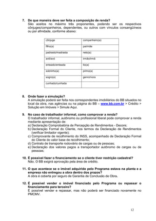 12
7. De que maneira deve ser feita a composição de renda?
São aceitos no máximo três proponentes, podendo ser os respectivos
cônjuges/companheiros, dependentes, ou outros com vínculos consangüíneos
ou por afinidade, conforme abaixo:
8. Onde fazer a simulação?
A simulação poderá ser feita nos correspondentes imobiliários do BB situados no
local da obra, nas agências ou na página do BB – www.bb.com.br > Crédito >
Solução em Imóveis > Simule Aqui.
9. No caso de trabalhador informal, como comprovar a renda?
O trabalhador informal, autônomo ou profissional liberal pode comprovar a renda
mediante apresentação de:
a) Declaração Comprobatória de Percepção de Rendimentos - Decore;
b) Declaração Formal do Cliente, nos termos da Declaração de Rendimentos
(verificar limitador vigente);
c) Comprovante de recolhimento do INSS, acompanhado de Declaração Formal
do Cliente do valor base de recolhimento;
d) Contrato de transporte rodoviário de cargas ou de pessoas;
e) Declaração dos valores pagos a transportador autônomo de cargas ou de
pessoas;
10. É possível fazer o financiamento se o cliente tiver restrição cadastral?
Não. O BB exigirá aprovação pela área de crédito.
11. O que acontece se o imóvel adquirido pelo Programa estava na planta e a
empresa não entregou a obra dentro dos prazos?
A obra é coberta por seguro de Garantia de Conclusão de Obra.
12. É possível vender o imóvel financiado pelo Programa ou repassar o
financiamento para terceiro?
É possível vender e repassar, mas não poderá ser financiado novamente no
PMCMV.
cônjuge companheiro(a)
filho(a) pai/mãe
padrasto/madrasta neto(a)
avô/avó irmão/irmã
enteado/enteada tio(a)
sobrinho(a) primo(a)
sogro(a) genro/nora
cunhado/cunhada
 