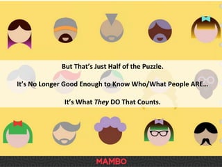 But	
  That’s	
  Just	
  Half	
  of	
  the	
  Puzzle.	
  	
  
	
  
It’s	
  No	
  Longer	
  Good	
  Enough	
  to	
  Know	
  Who/What	
  People	
  ARE…	
  
	
  
It’s	
  What	
  They	
  DO	
  That	
  Counts.	
  
 