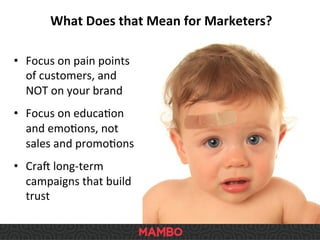 •  Focus	
  on	
  pain	
  points	
  
of	
  customers,	
  and	
  
NOT	
  on	
  your	
  brand	
  
•  Focus	
  on	
  educaSon	
  
and	
  emoSons,	
  not	
  
sales	
  and	
  promoSons	
  
•  Cra^	
  long-­‐term	
  
campaigns	
  that	
  build	
  
trust	
  
What	
  Does	
  that	
  Mean	
  for	
  Marketers?	
  
 