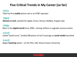 Five	
  Cri9cal	
  Trends	
  in	
  My	
  Career	
  (so	
  far)	
  
1973	
  
Took	
  my	
  ﬁrst	
  mobile	
  phone	
  call	
  as	
  an	
  AT&T	
  operator	
  
1984	
  
Woman	
  in	
  tech,	
  worked	
  for	
  Apple,	
  Enron,	
  Serena,	
  Redbox,	
  Puppet	
  Labs	
  	
  	
  
1996	
  
Been	
  in	
  the	
  digital	
  world	
  since	
  1996	
  –	
  driving	
  millions	
  in	
  upgrade	
  revenue	
  online	
  
2005	
  
Called	
  “pond	
  scum,”	
  landed	
  200	
  pieces	
  of	
  nat’l	
  coverage	
  as	
  social	
  media	
  launched	
  	
  
2005	
  
Began	
  teaching	
  adults	
  –	
  at	
  UO,	
  PSU,	
  UW,	
  Simon	
  Frasier	
  University	
  
	
  
 